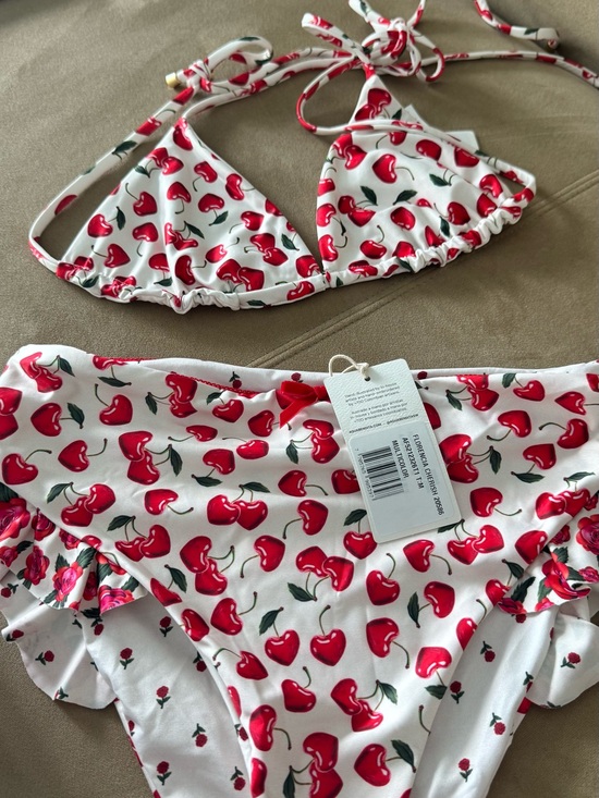 Agua Bendita Other - Agua Bendita White Cherry-Print String Bikini with Red Accents